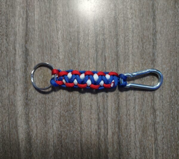 red, white and blue paracord keychain