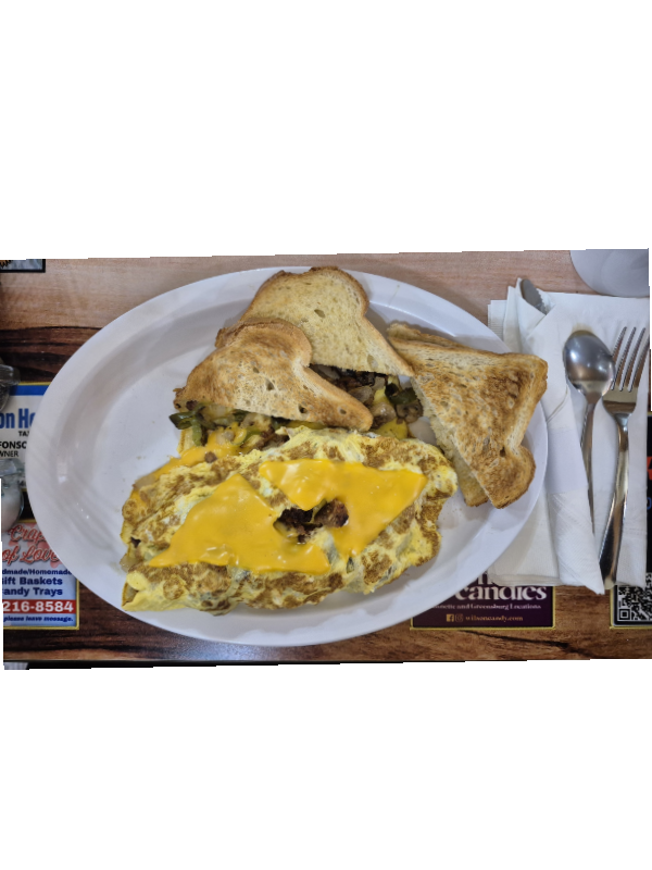 farmers and cheese omelet with sour dough bread at Kastners