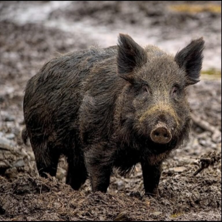 Feral hog standing in muddy woodland habitat.