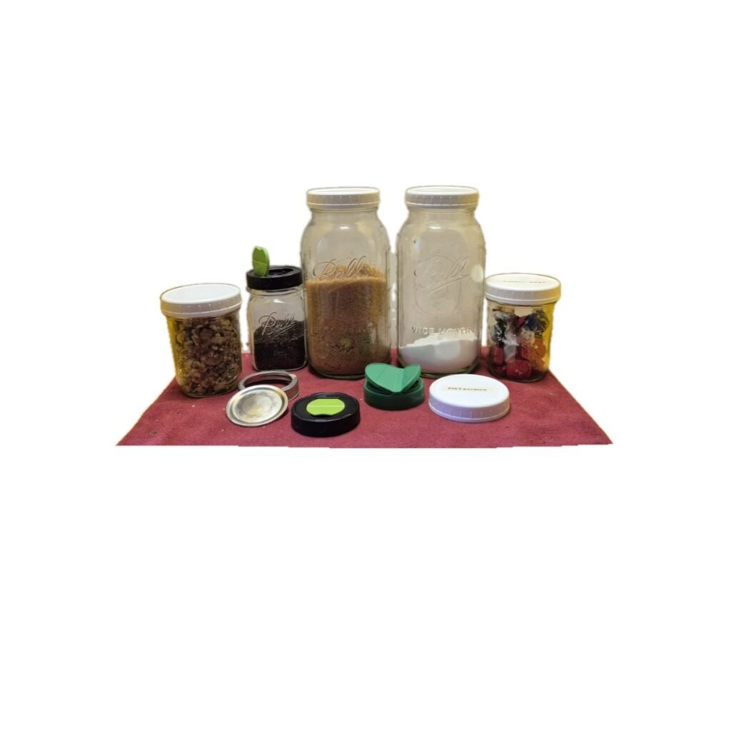 Assorted mason jars filled with baking ingredients, nuts, and chocolate, showing airtight storage in an older Pennsylvania home.
