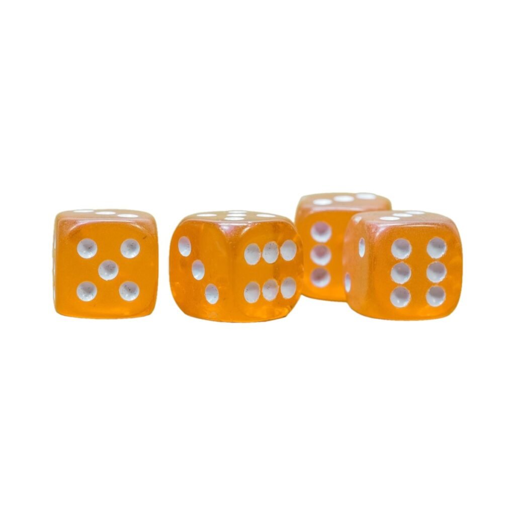 four orange dice in a row