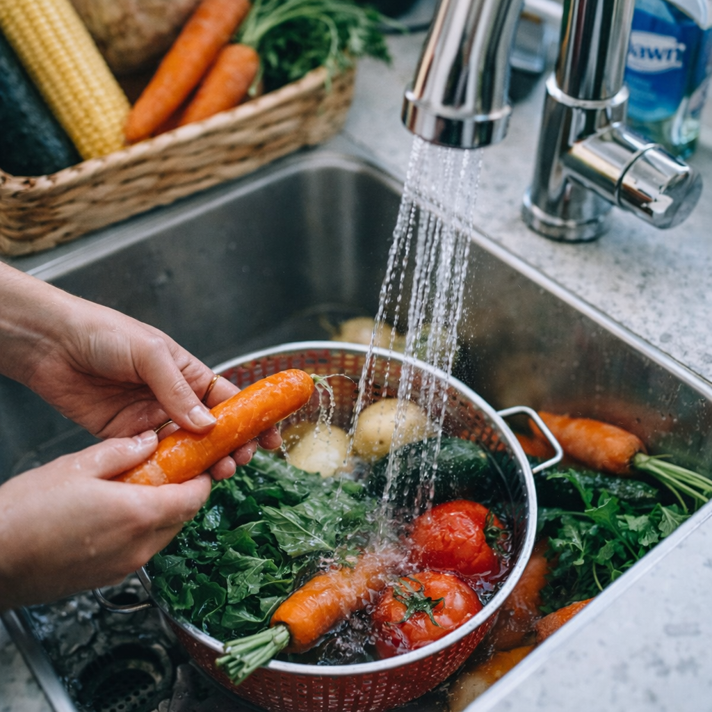 Hands washing fresh vegetables in a kitchen sink to prevent Cyclospora contamination