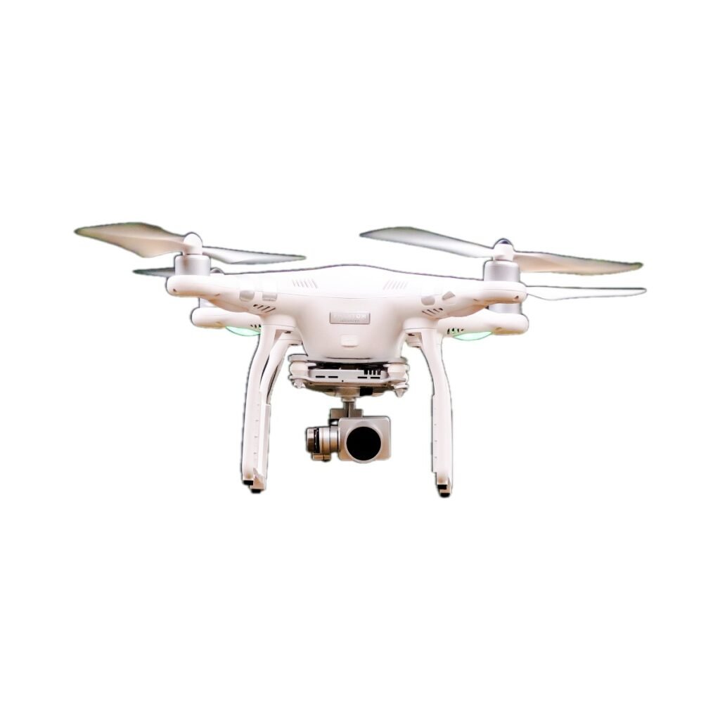 A white quadcopter drone with a mounted camera hovering outdoors, representing modern autonomous technology.